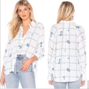 Free People NWT Zinc white combo blue floral print blouse button down white